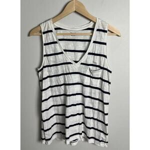 Madewell Cotton V-Neck Pocket Tank Top Creston Stripe G6508 Navy White Sze Small